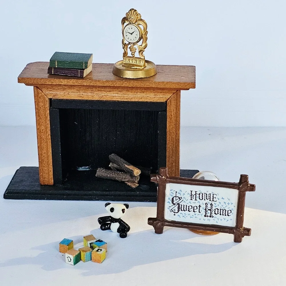 Vintage Dollhouse Accessories Lot Gold Clock‎ Home Sweet Home Sign Panda Blocks